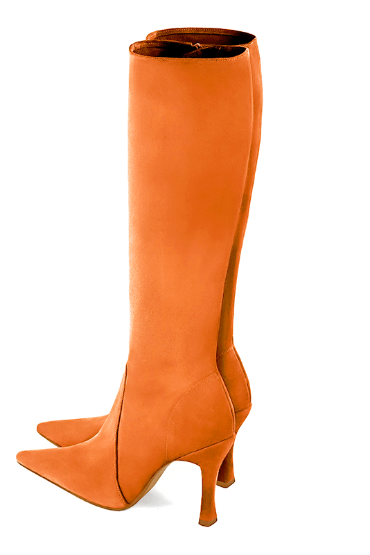 Apricot orange women's feminine knee-high boots. Pointed toe. Very high spool heels. Made to measure. Top view - Florence KOOIJMAN